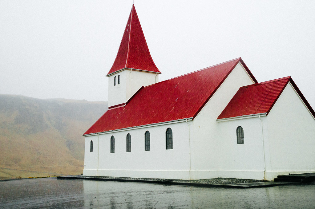 Icelandic white church with red roof at Vík í Mýrdal
