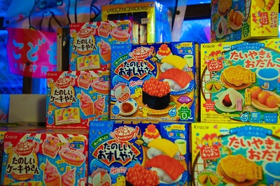 Japanese make-your-own candy kits displayed in the shop