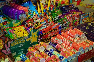 Colourful packaged sweets on a shop counter