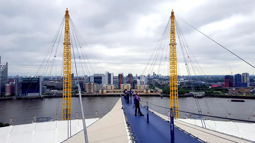 people on suspended the blue walkway of the up at the 02 experience view across london