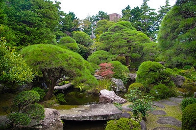 Garden pond, stone bridge and shaped trees at Yamamoto-tei