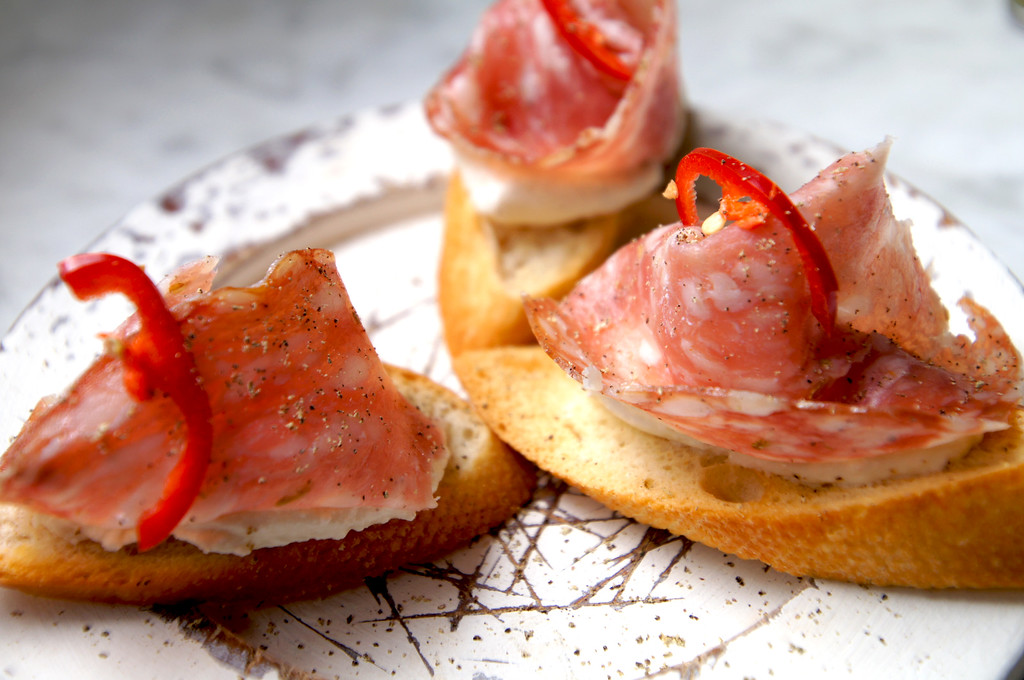 Fennel salami, chilli and truffle ricotta crostini at No 1 Duke Street