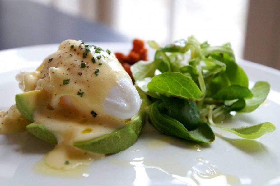 Poached Duck Egg served with Avocado Bacon Chutney and Hollandaise for breakfast at the bel and dragon in odiham image 4