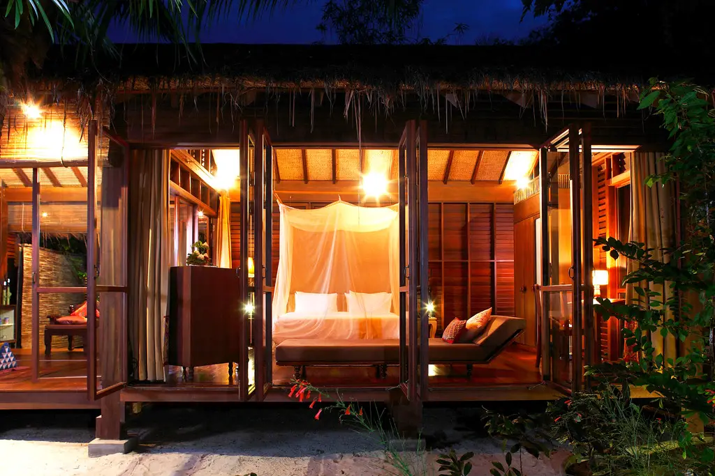 bedroom in guest cabin at zeavola resort on Ko Phi Phi Island seen from outside