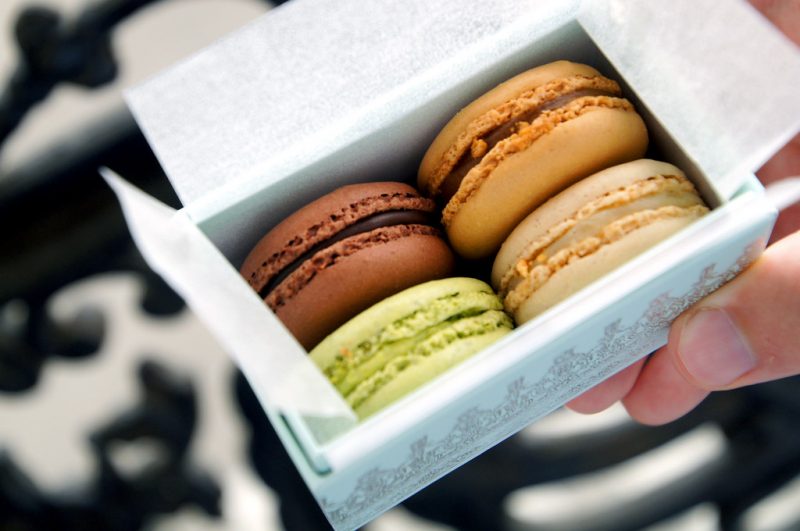 close up of complimentray macarons at hotel la tremoille in paris