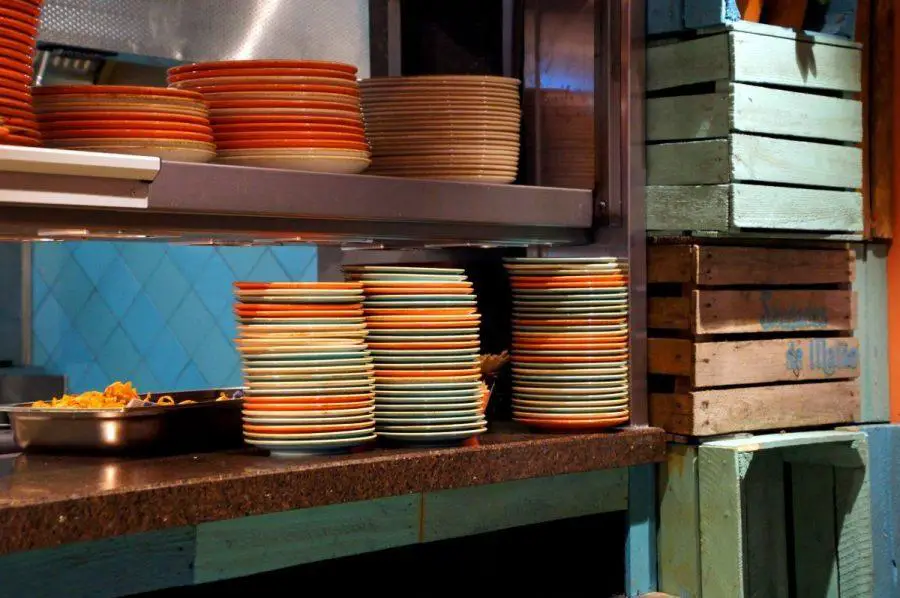 colourful plate stacks in las iguanas latin american restaurant on brunswick square in London