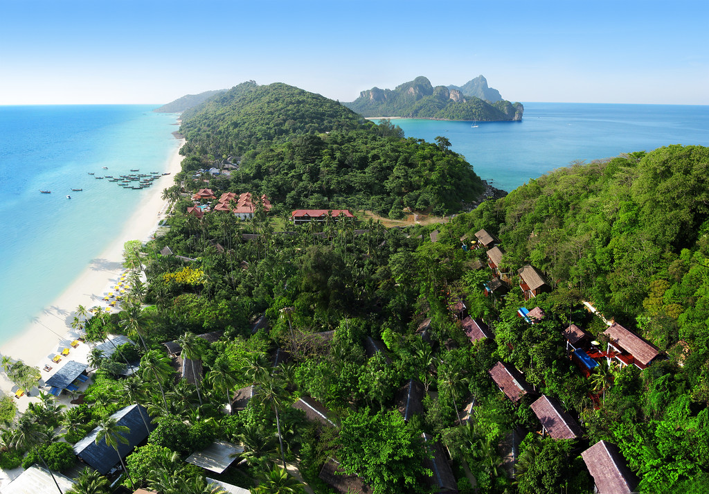 drone view of zeavola resort on Ko Phi Phi Island in Thailand