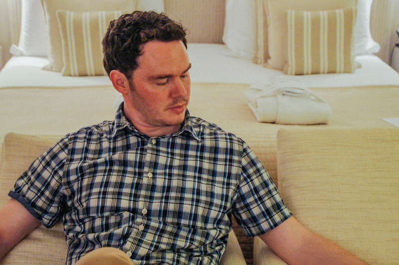 Gary sitting in our bedroom in hotel la place in Jersey