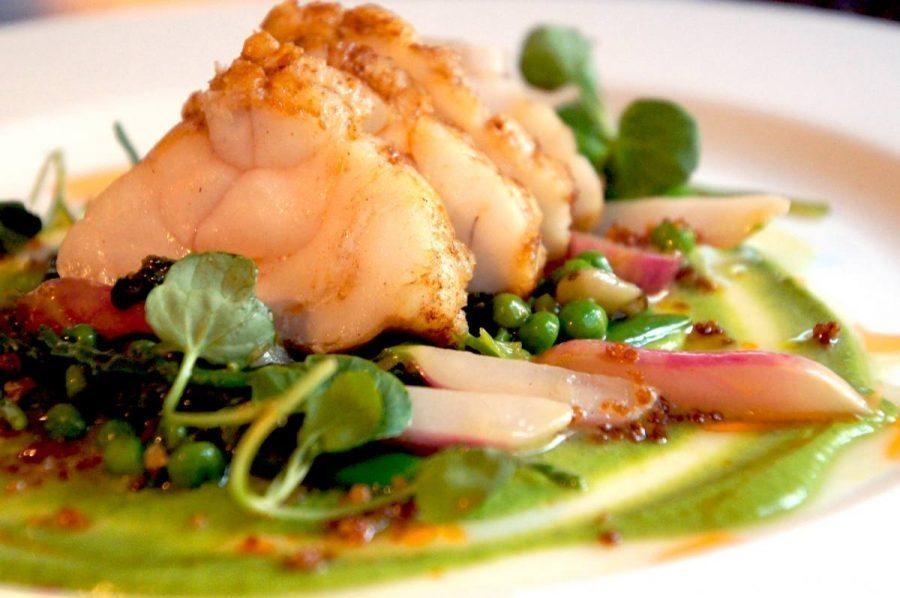 monkfish with peas mangetout and watercress for dinner at the bel and dragon in odiham