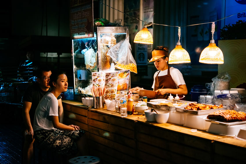 night street food market in Bangkok Thailand