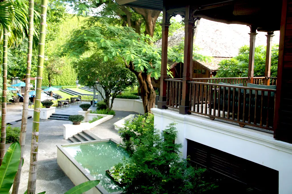 outside of terrace of the bedroom at 137 pillars house in chiang mai thailand