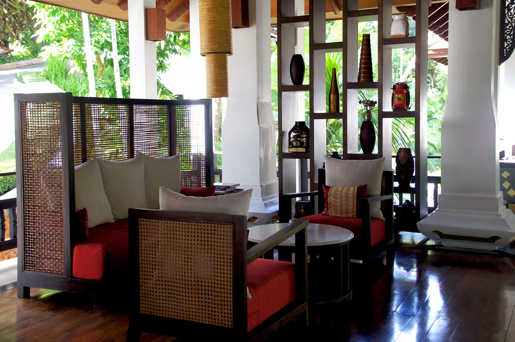 seating area in reception of main building of panviman chiang mai in thailand Seating area in reception of the main building at Panviman Chiang Mai Spa Resort