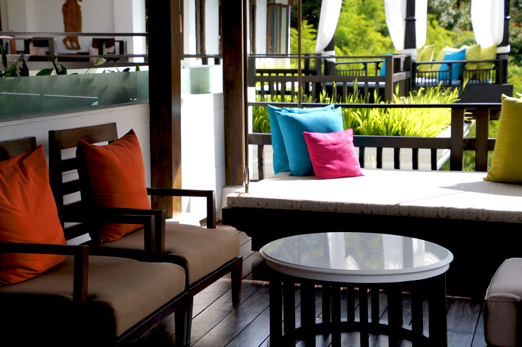 seating on terrace of main building of panviman chiang mai in thailand Seating on terrace of the main building at Panviman Chiang Mai Spa Resort