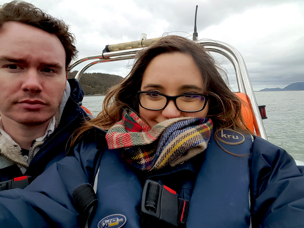 selfie of husband and I on a rib ride down the menai strait near caernarfon in north wales in snowdonia selfie of husband and I on a rib ride down the menai strait near caernarfon in north wales in snowdonia