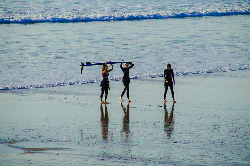 Surfers on beach on St Ouen's bay in Jersey