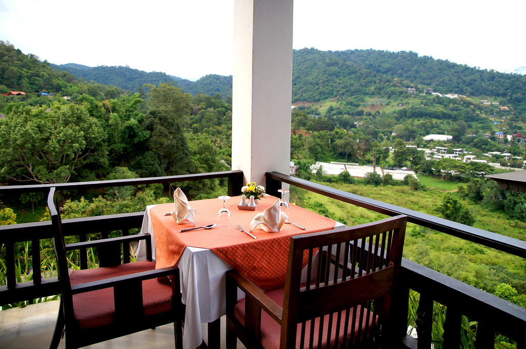 view from dining table in restaurant of of main building of panviman chiang mai in thailand View from dining table in restaurant of the main building at Panviman Chiang Mai Spa Resort