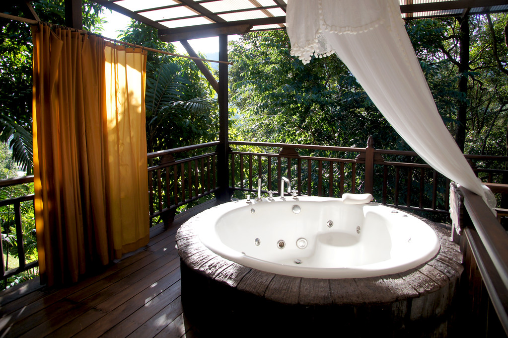 view from jakuzzi on terrace of our private villa at panviman chiang mai in thailand View from jacuzzi on terrace of our a private villa at Panviman Chiang Mai Spa Resort