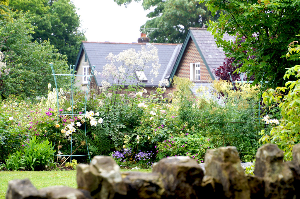 white garden in front of cottage in borde hill gardens White garden in front of cottage in Borde Hill Garden