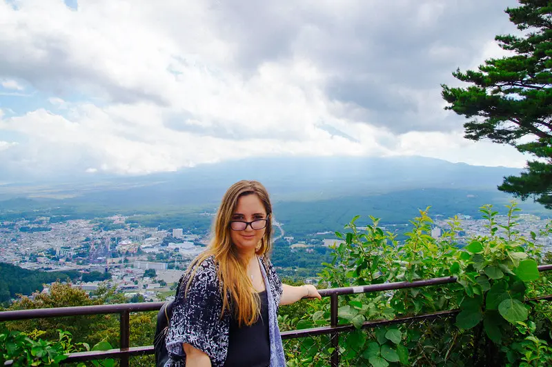 wife in front of mount fuji at the top of mount kachi kachi