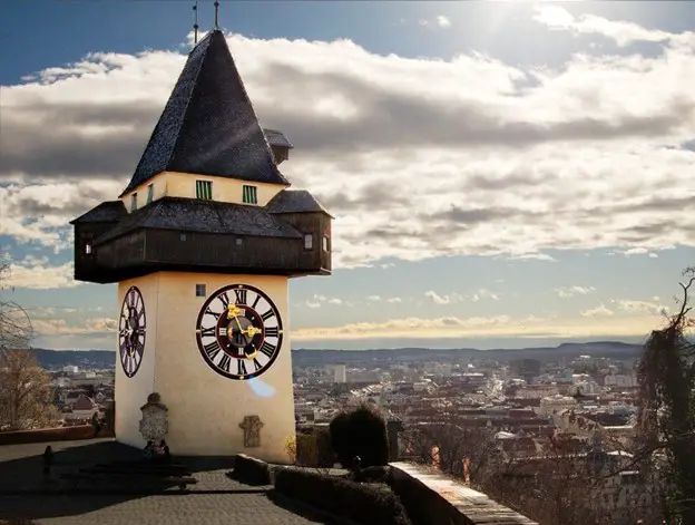 Clocktower in graz austria daytrip from Vienna