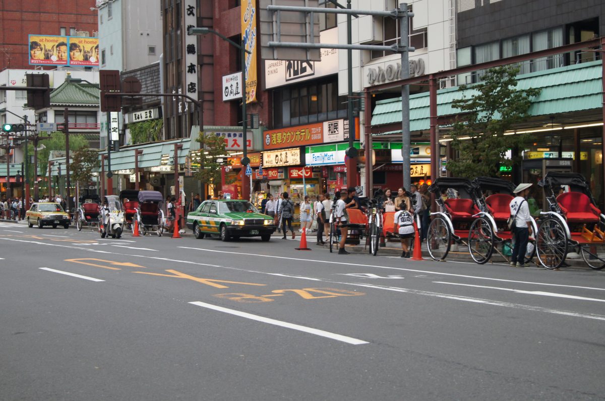 Asakusa 2015 12 A line of rickshaws waiting along a street in Asakusa