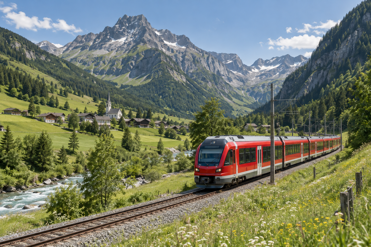 Red passenger train travelling through an Austrian alpine valley