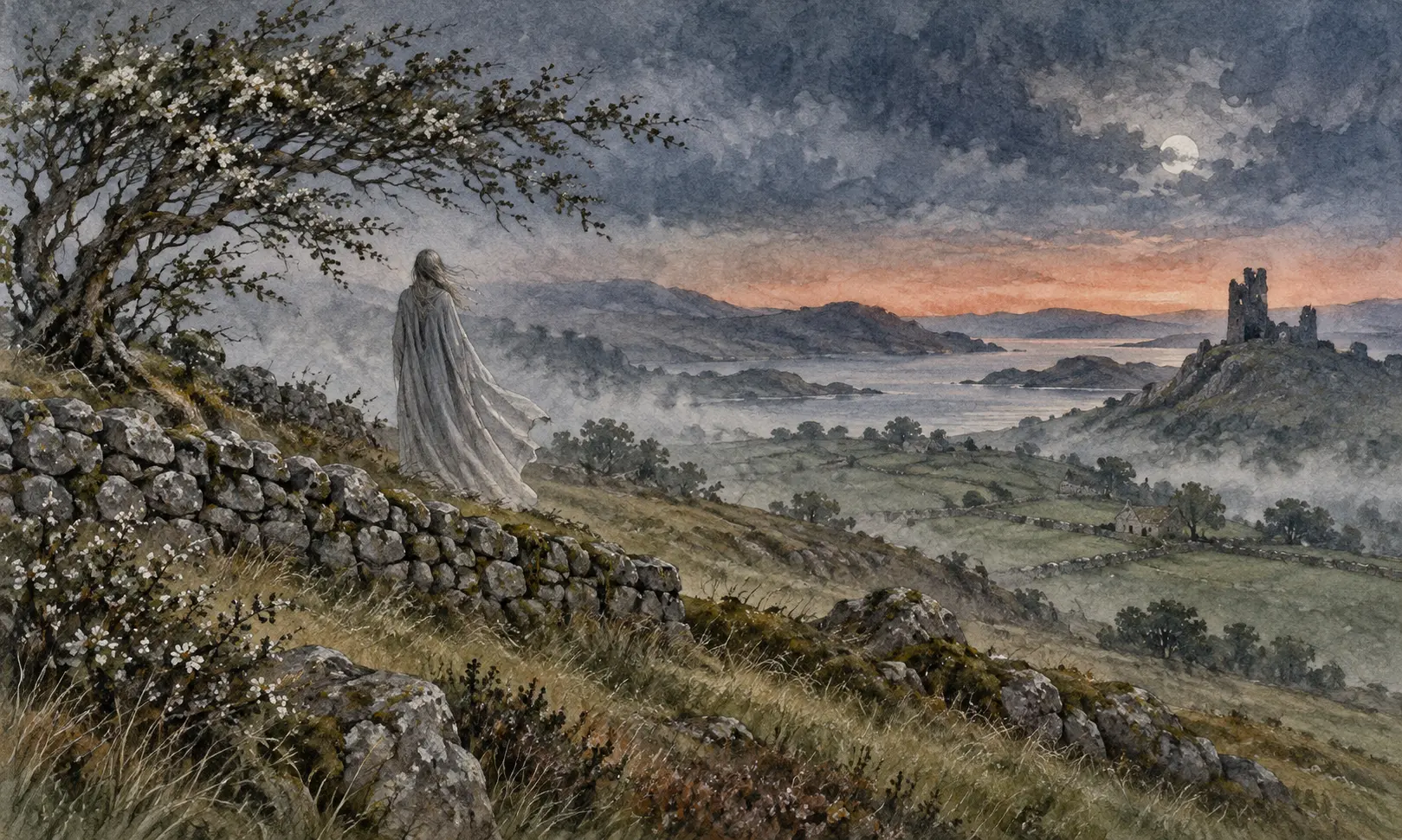 Banshee Irish Folklore Illustration of a pale cloaked figure beside a stone wall in an Irish-inspired landscape