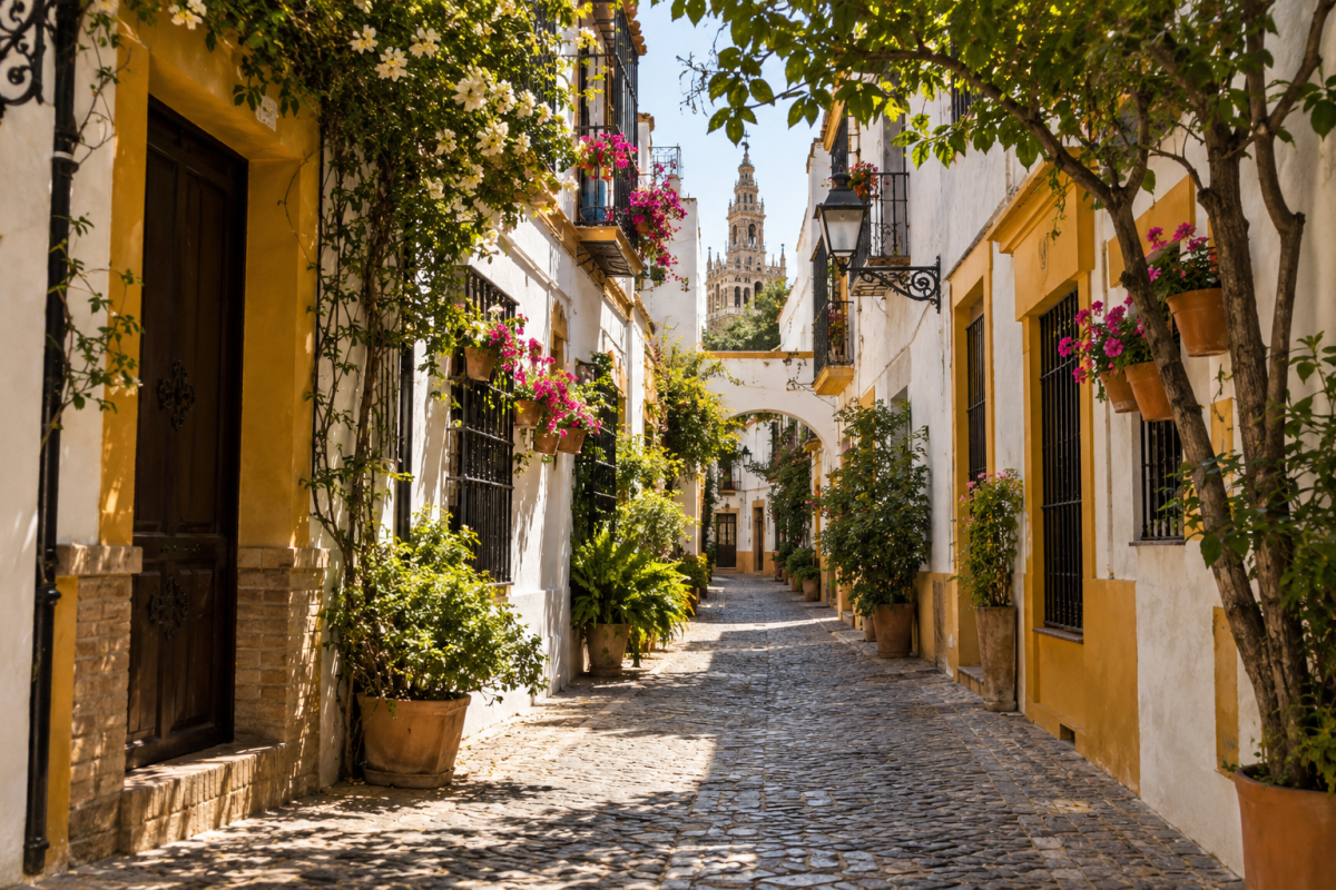 Barrio de Santa Cruz in Seville Flower-filled street in Seville's Barrio de Santa Cruz