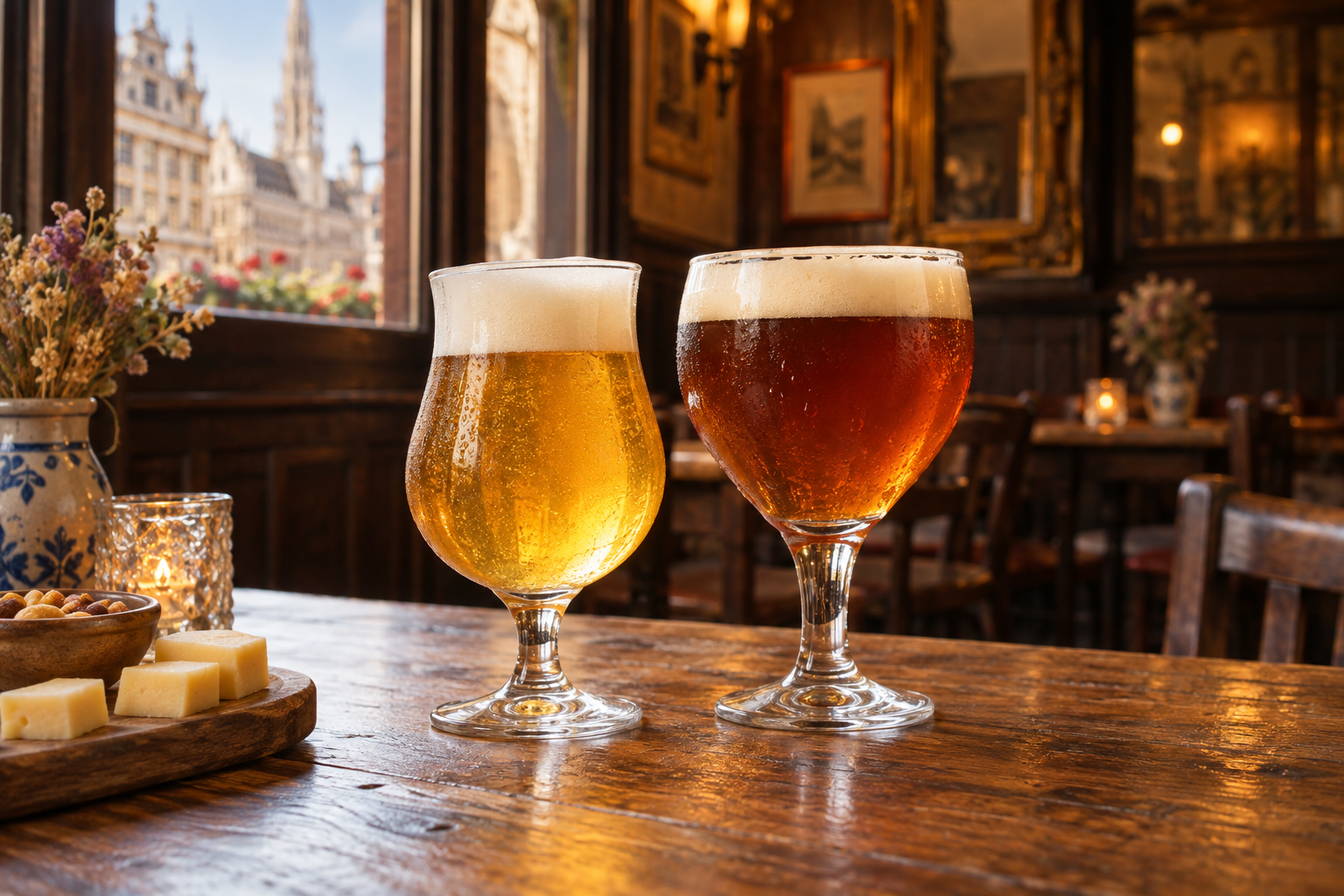 Belgian Beer in a Brussels Cafe Two Belgian beers on a table in a traditional Brussels café