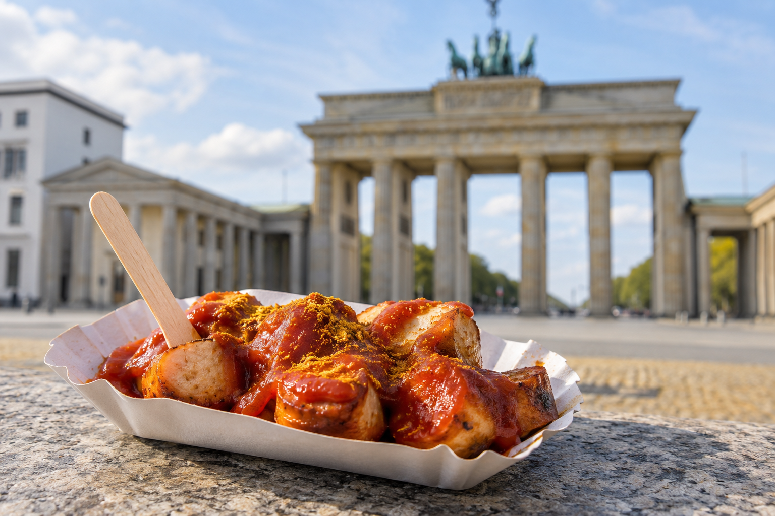 Berlin currywurst served in front of the Brandenburg Gate