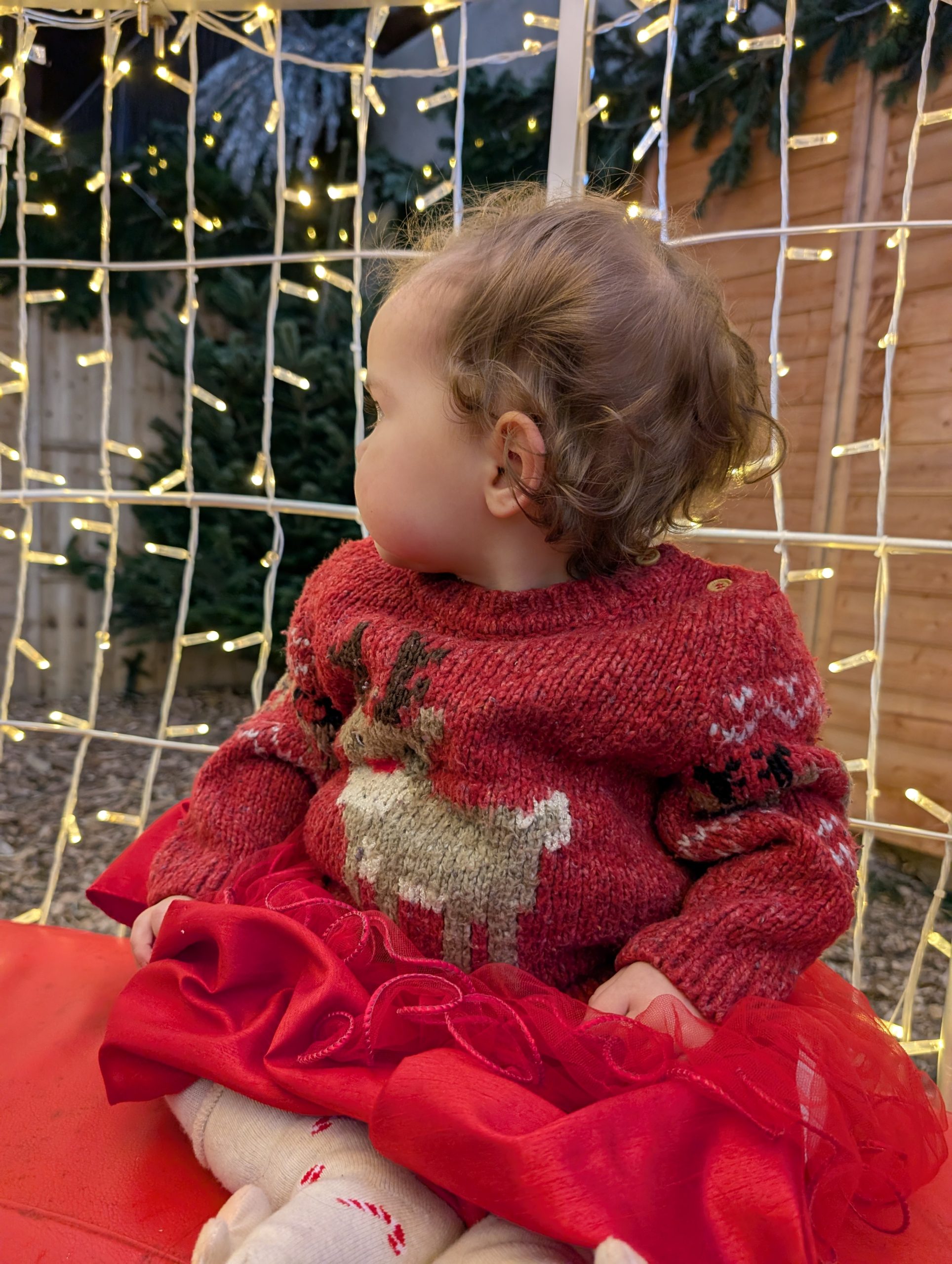 Birchfield Farm Christmas experience scaled Our daughter viewed from the side among Christmas lights at Birchfield Farm