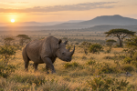 Black rhinoceros walking through African savanna grassland