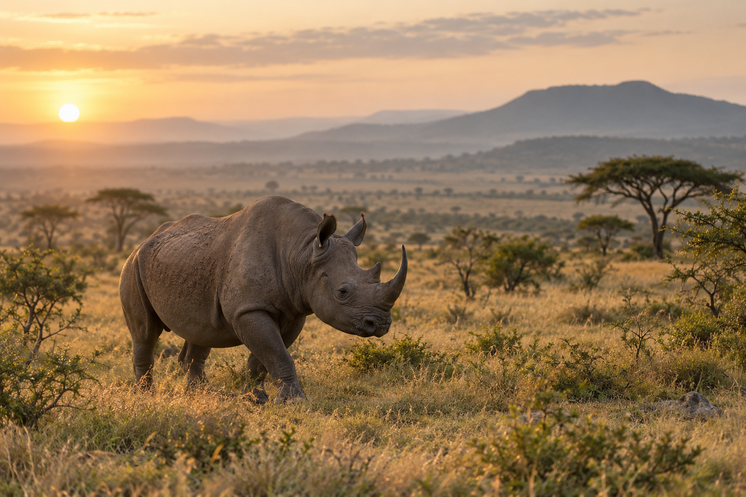 Black rhinoceros walking through African savanna grassland