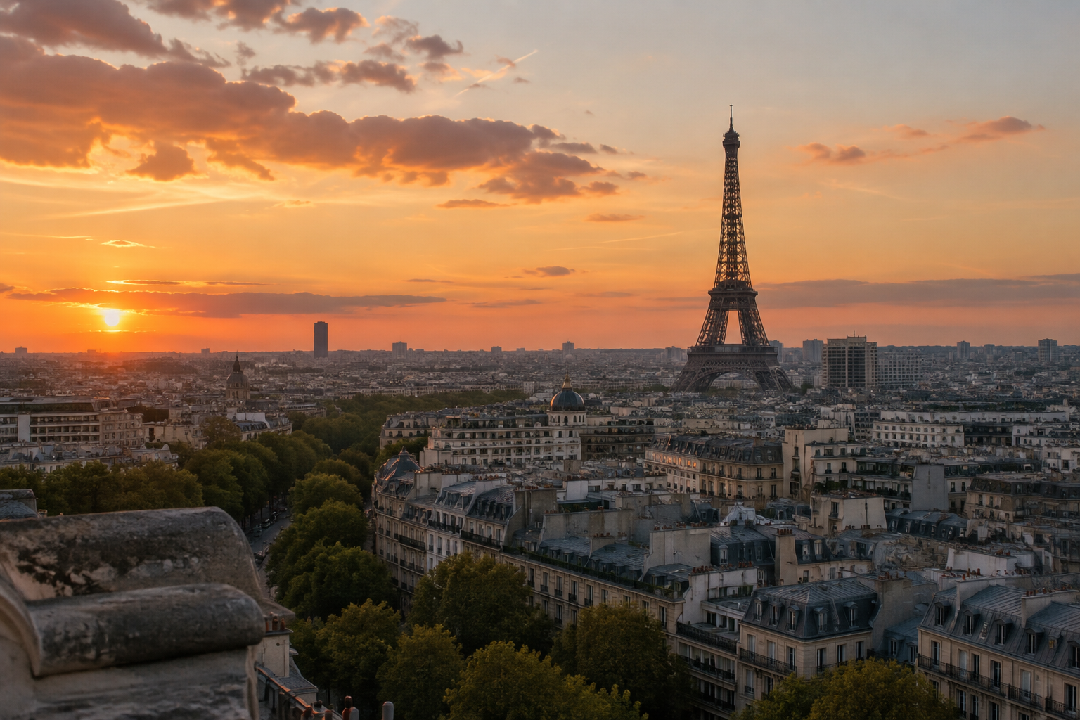 Eiffel Tower rising above Paris rooftops at sunset