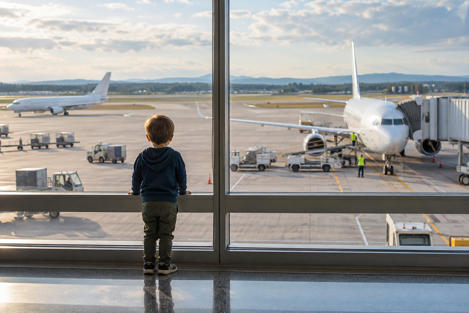 Child Watching Planes at an Airport Child watching planes at an airport