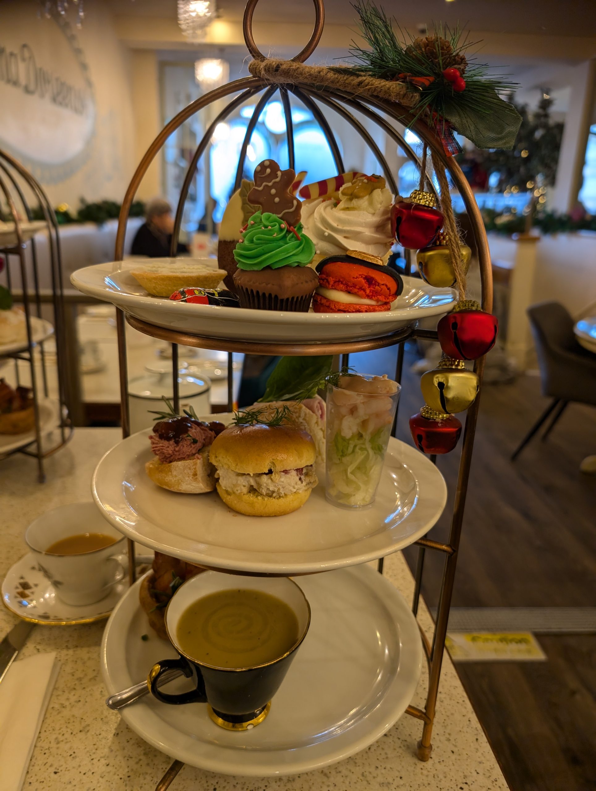Festive Christmas afternoon tea stand at Mama Doreen’s Emporium in Harrogate