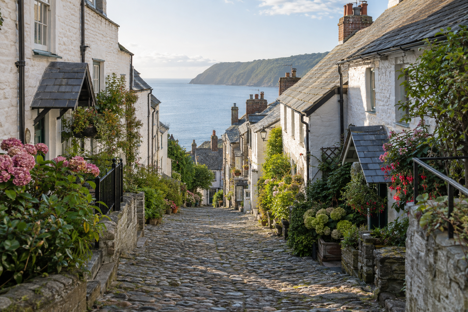 Steep cobbled street descending through Clovelly towards the sea
