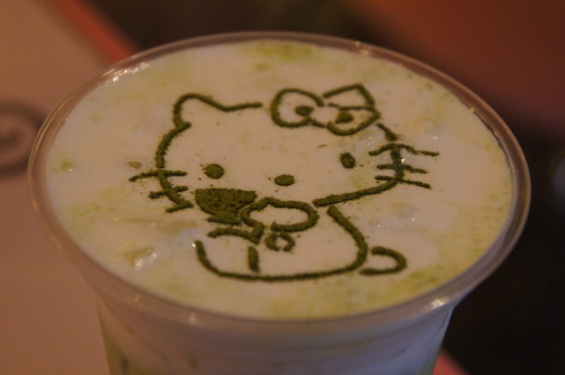 Hello Kitty latte art in a glass