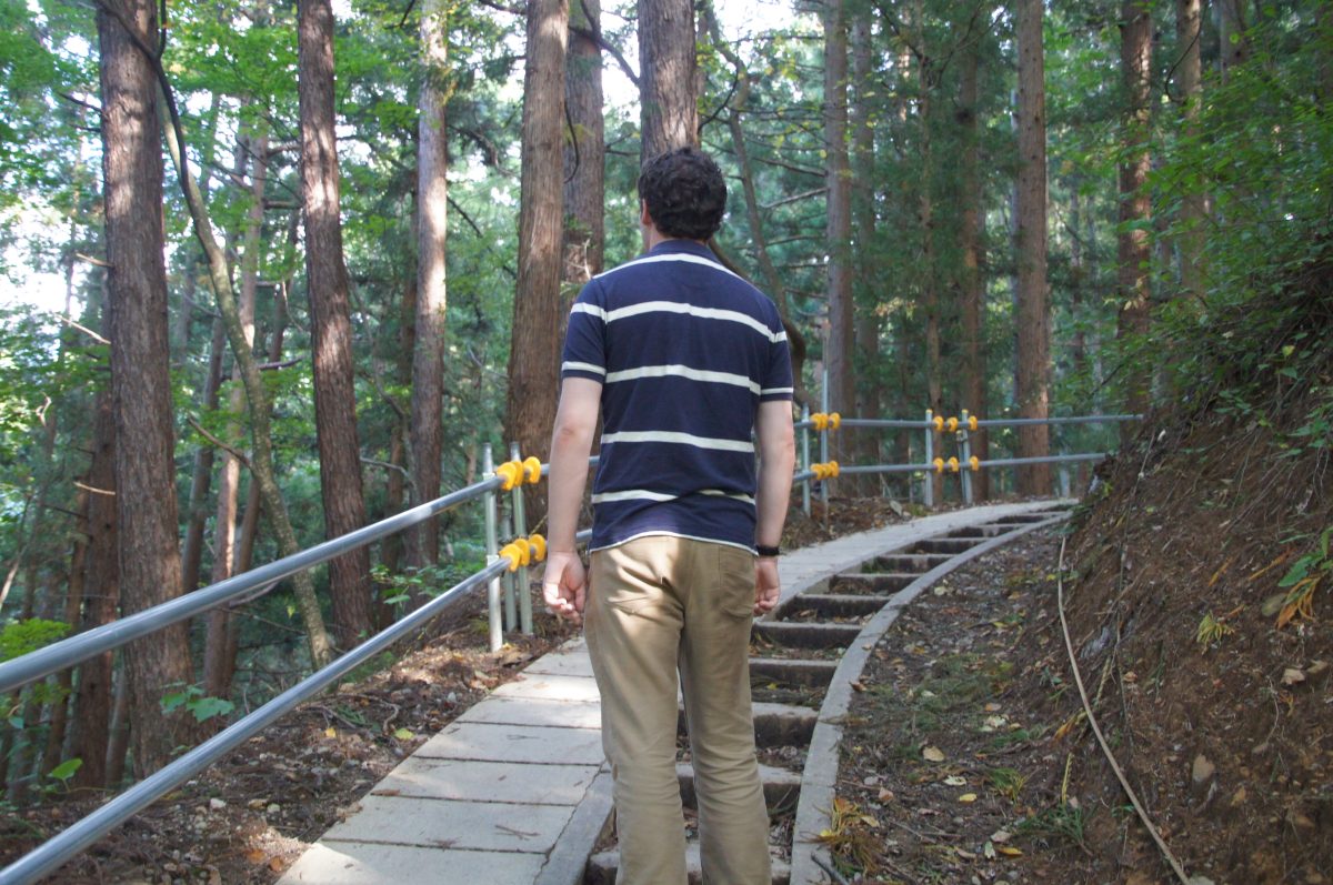 DSC00206 Gary walking up a stepped section of the forest approach to Jigokudani Monkey Park