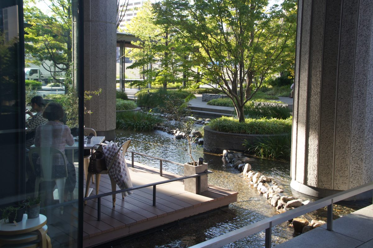 DSC00530 Dining terrace overlooking a landscaped water garden at Grand Front Osaka