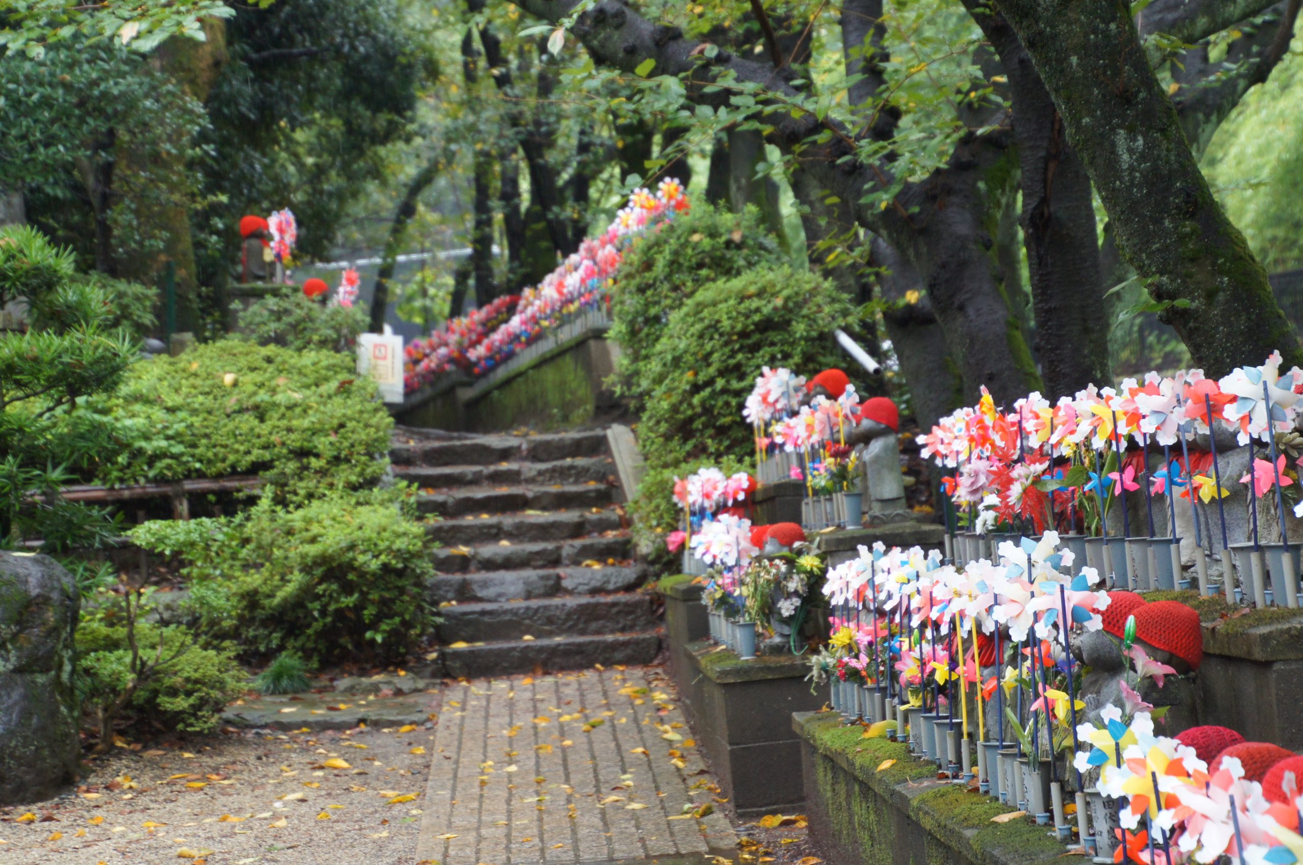 DSC07144 scaled Stone steps and rows of Jizo statues with pinwheels in Zojoji's grounds