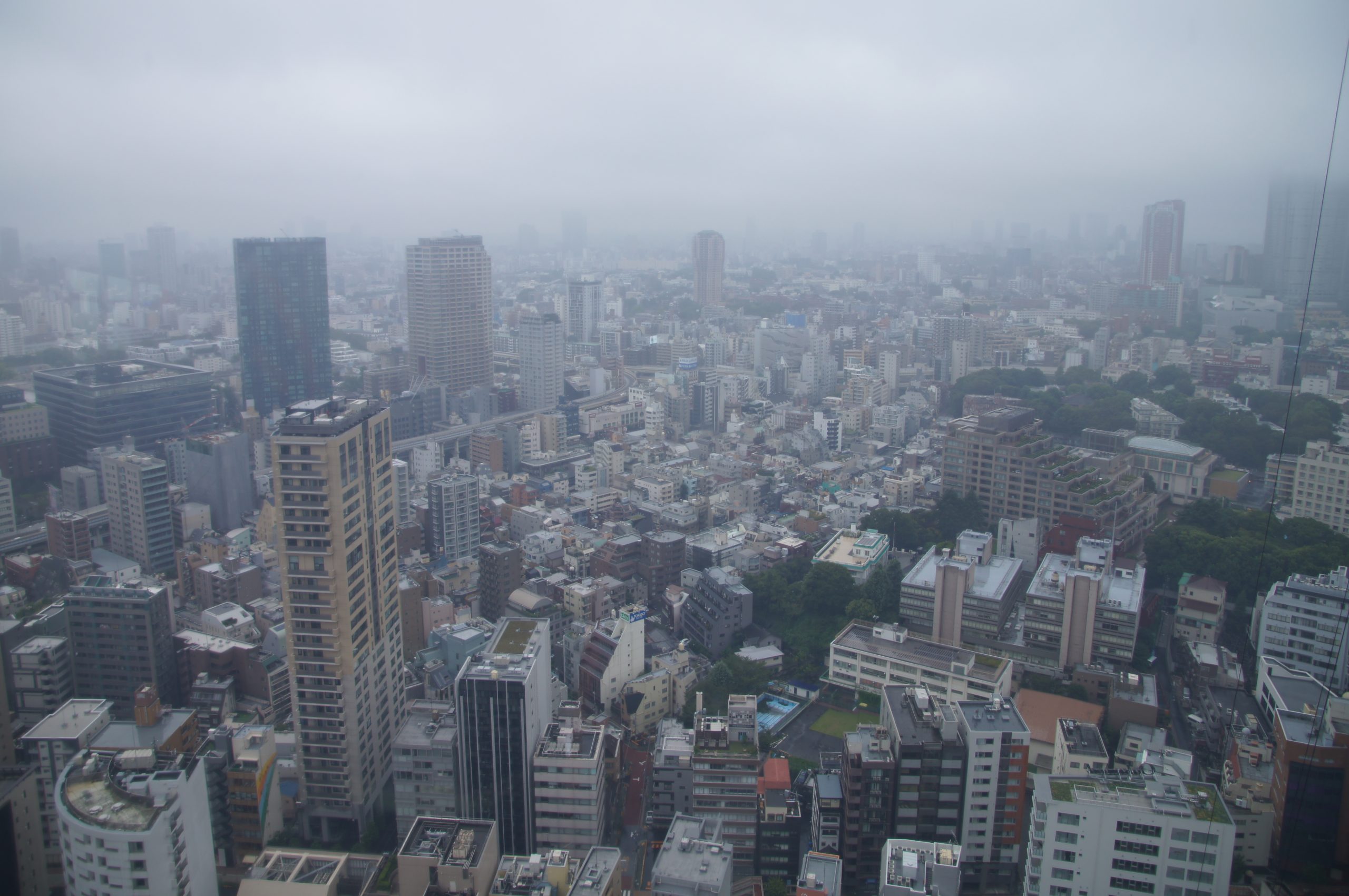 Office towers and streets seen from Tokyo Tower's Main Deck on a hazy day