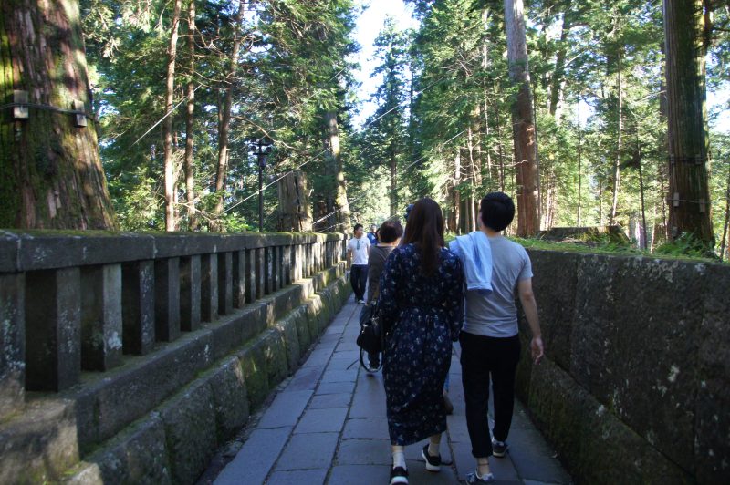 DSC07657 Visitors walking along a cedar-lined path between Nikko’s shrines