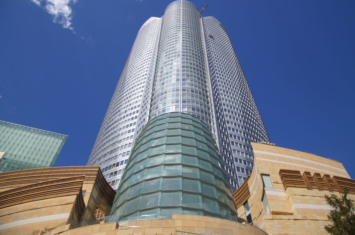 DSC08927 Copy Looking up at Mori Tower at Roppongi Hills against a clear blue sky
