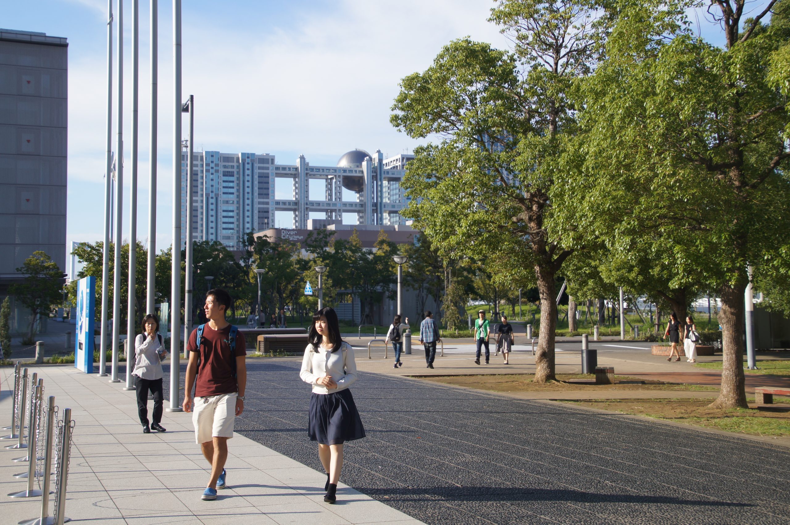 The distinctive Fuji Television Headquarters building, with its spherical observation room, rises above Odaiba in Tokyo, Japan.