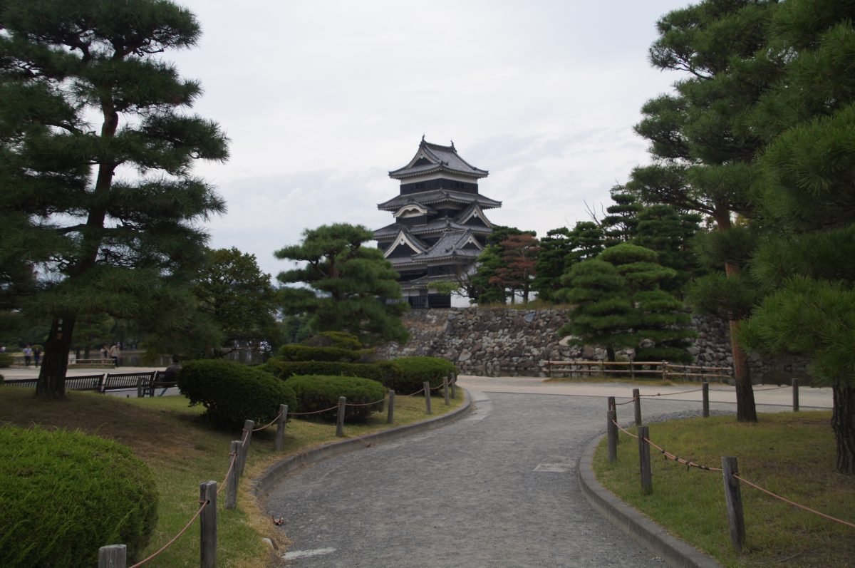 DSC09225 Path through pine trees leading towards Matsumoto Castle