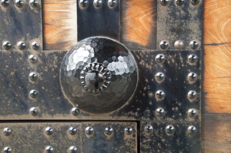 DSC09410 Decorative iron boss and rivets on a wooden gate door at Kanazawa Castle