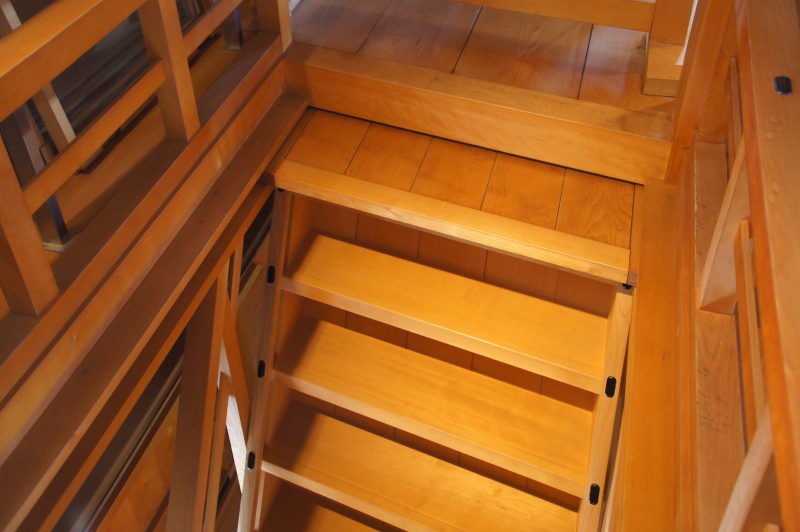 DSC09489 Steep wooden staircase inside a reconstructed building at Kanazawa Castle