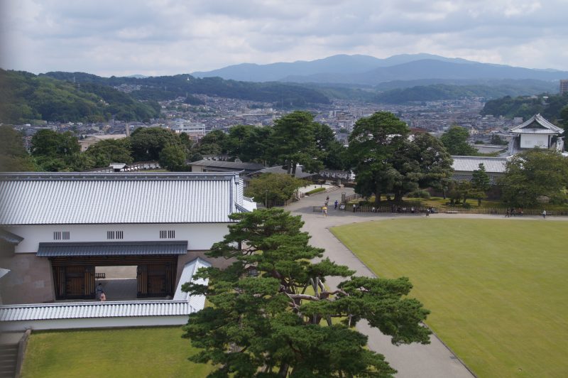 DSC09503 View over lawns and castle buildings from an upper floor at Kanazawa Castle