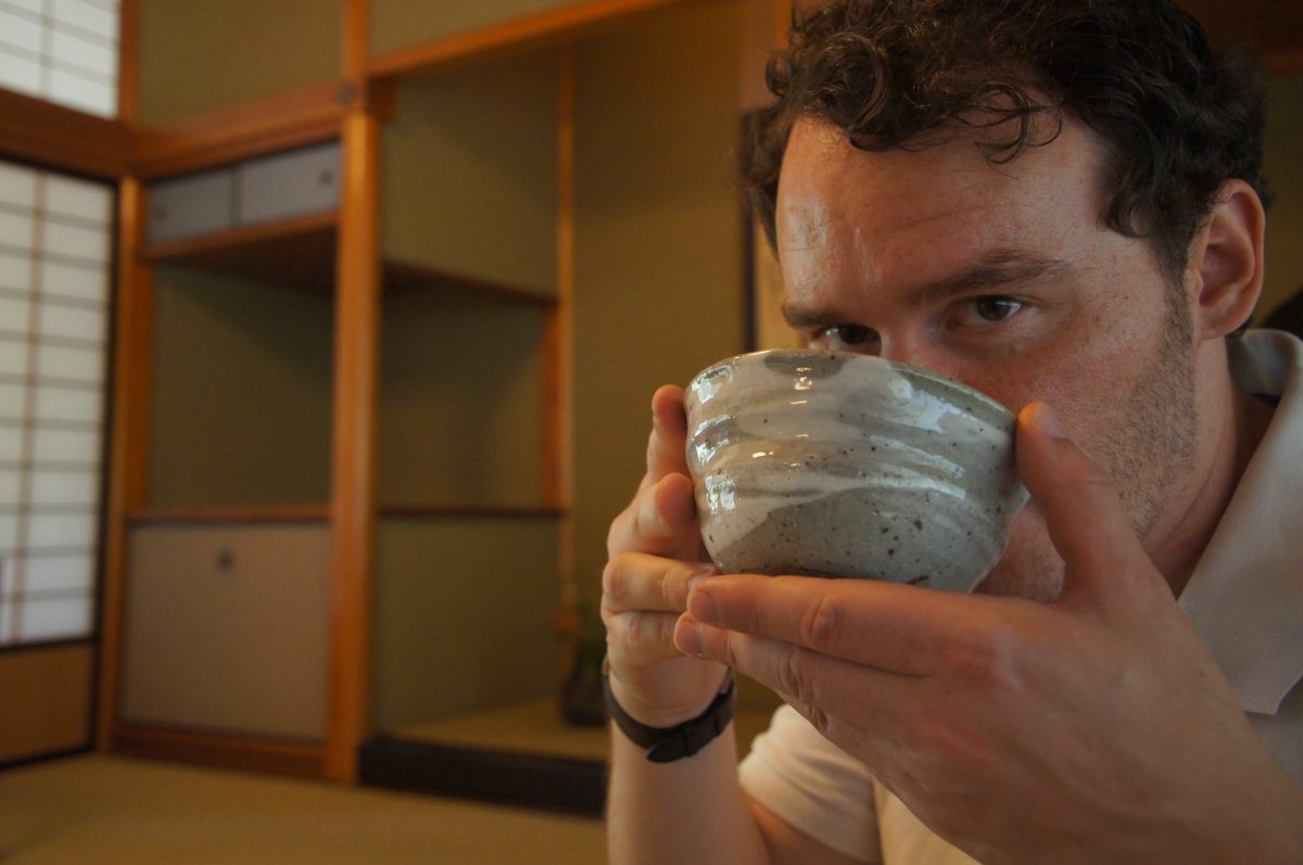Gary drinking matcha during our quiet tea stop at Shigure-tei